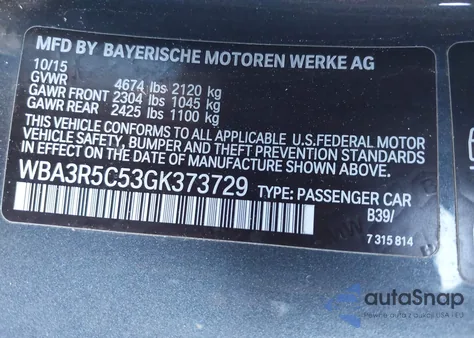 2016 BMW 435I xDrive из США, поврежденный, VIN WBA3R5C53GK373729